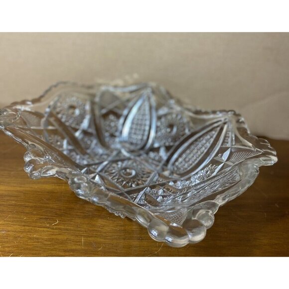 Vtg Pressed Glass Serving Bowl Scalloped Edge Hobstars Pineapple - Picture 6 of 14